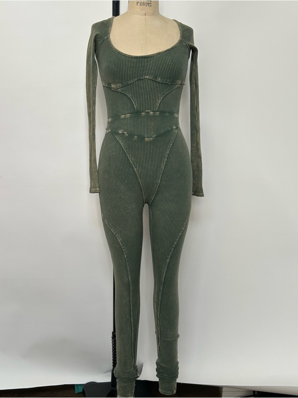 Olive Green Ribbed Long-Sleeve Jumpsuit
